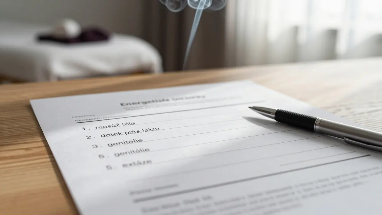 Písemný souhlas s pěti body masáže leží na dřevěné desce s perem, za tím se vidí klidný prostor pro masáž.