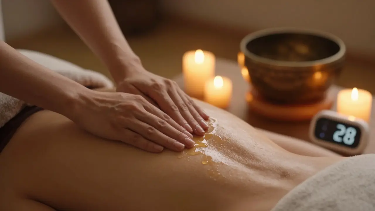 Ruce aplikující teplo oleje na záda při jemném světle svíček, bez jakýchkoli zařízení nebo rušivých prvků.
