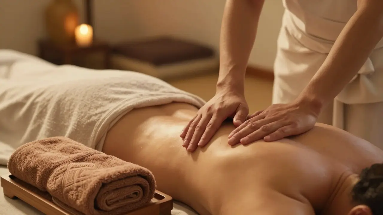 Ruce jemně hladí záda přes tenký sarong při měkkém světle svíček — první fáze tantrické masáže zaměřená na přítomnost.