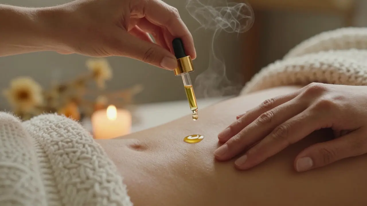 Ruce uvolněně přidávají teplý olej na kůži, světlo svíček zdůrazňuje jemný kontakt a intimitu.