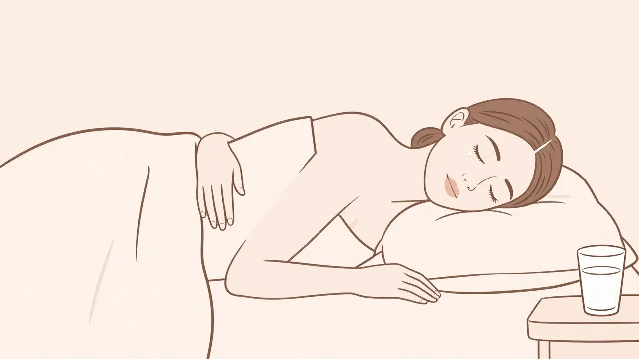 Žena po masáži leží v klidu s mírnou úlevou a teplou dekou.