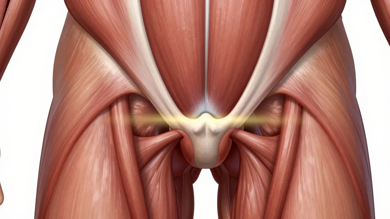Detailní anatomický náčrt pánve s kontrahujícím se svalovým kruhem kolem močové trubice.