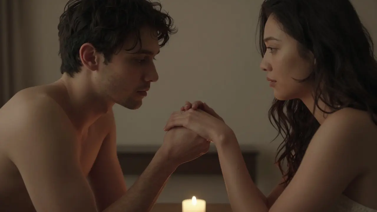 Dvojice v tiché, světlé místnosti, kde se spojují emocionálně, ne fyzicky.