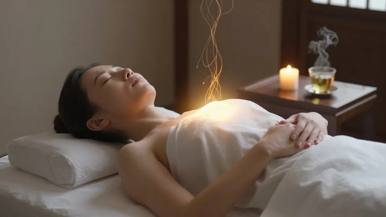 Klient klidně leží po sezení, z jeho těla jemně vychází zlatá energie, zatímco svíčka a čaj napovídají klidu a obnově.