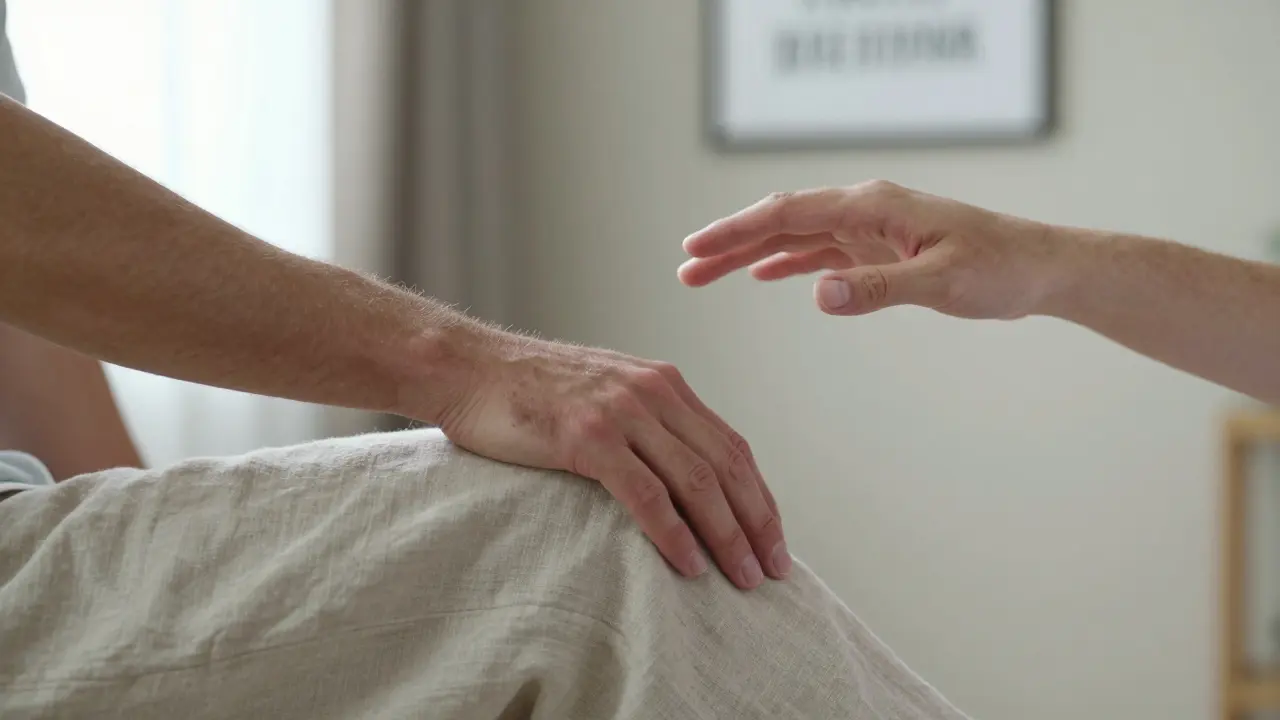Ruka terapeuty se zastavila nad vnitřní stranou stehna, muž je oblečený — zřetelný důraz na souhlas a pauzu.