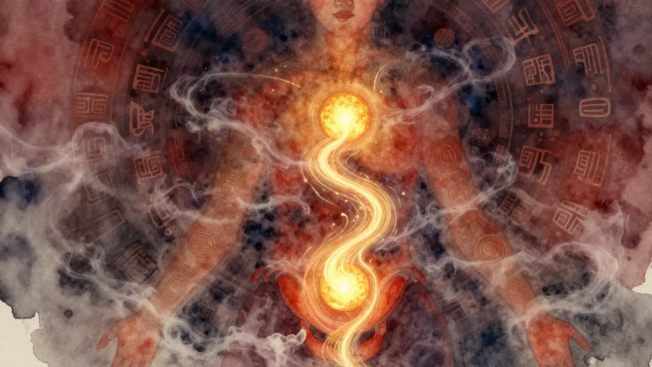 Zlaté energie spojující srdce a pánev proudí tělem jako světlá řeka, obklopena tradičními čínskými symboly meridiánů.