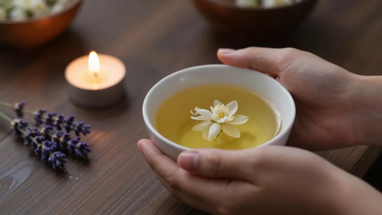 Detail misky s teplým olejem a svíčkou pro relaxaci.