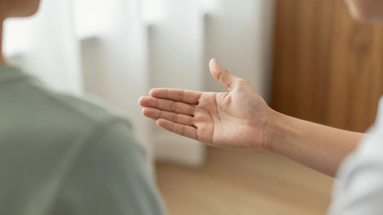 Detail rukou maséra znázorňující respekt k osobnímu prostoru a hranicím klienta.