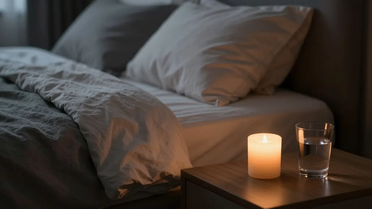 Klidná a intimní atmosféra v ložnici s zapálenou svíčkou.