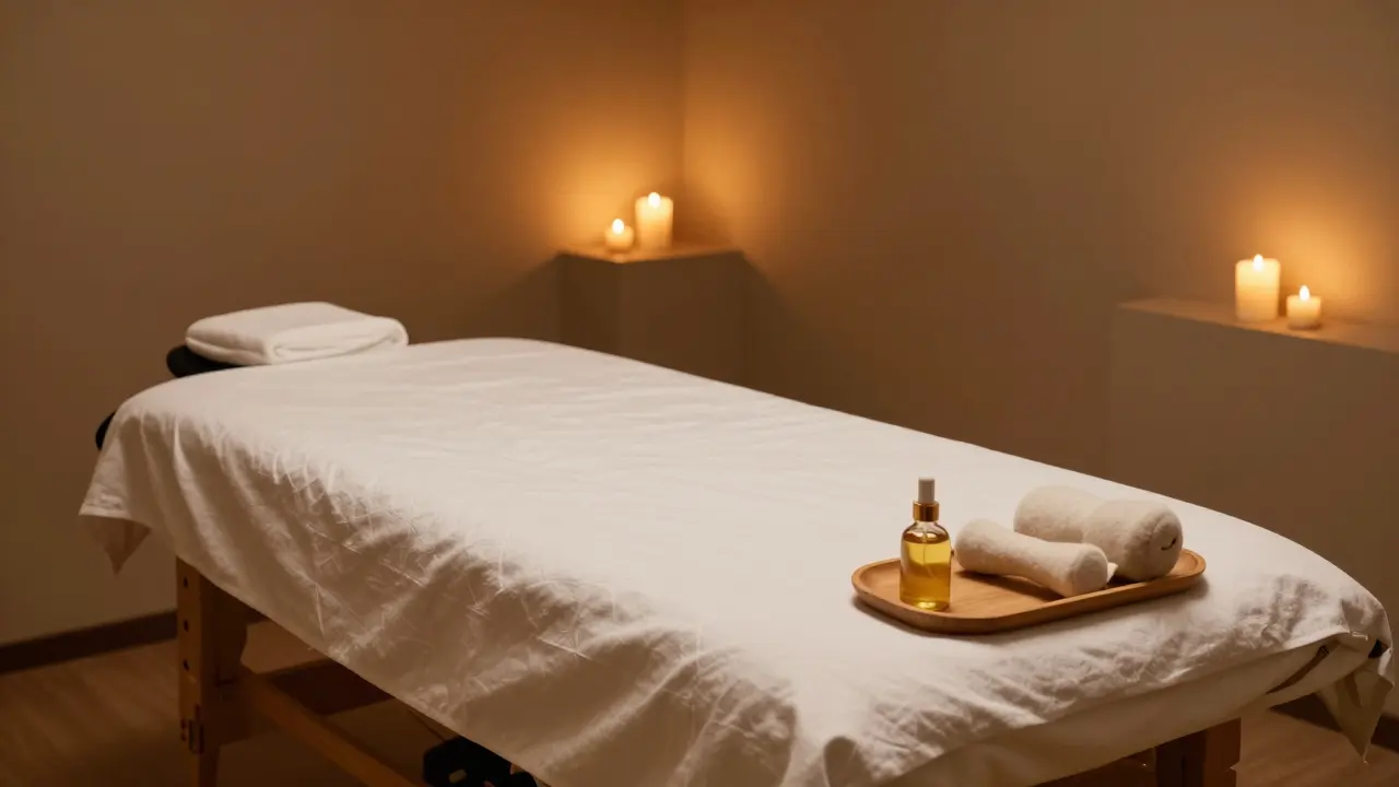 Klidný a čistý prostor pro tantrickou masáž s bílým povlečením a svíčkami.