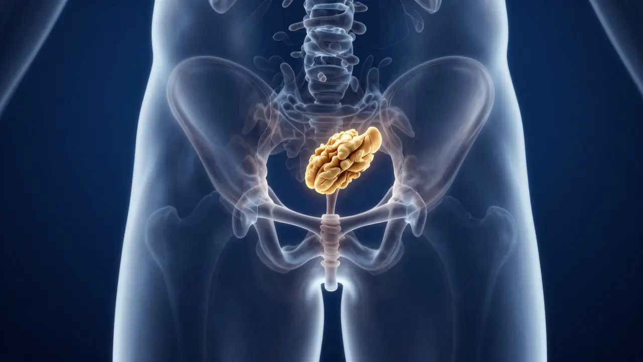 Konceptuální anatomické znázornění polohy prostaty v pánvi muže.