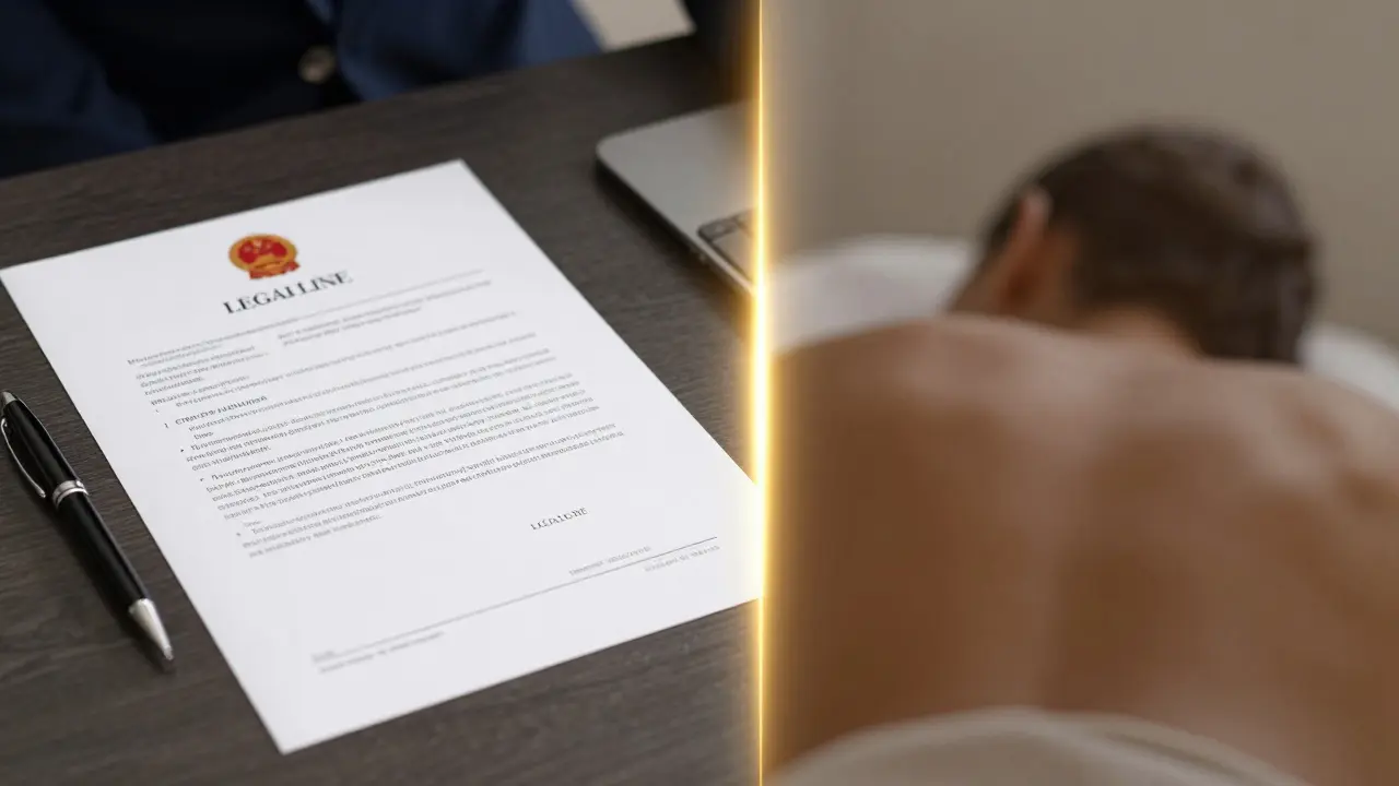 Konceptuální obraz oddělující legální podnikatelskou dokumentaci od wellness služby.