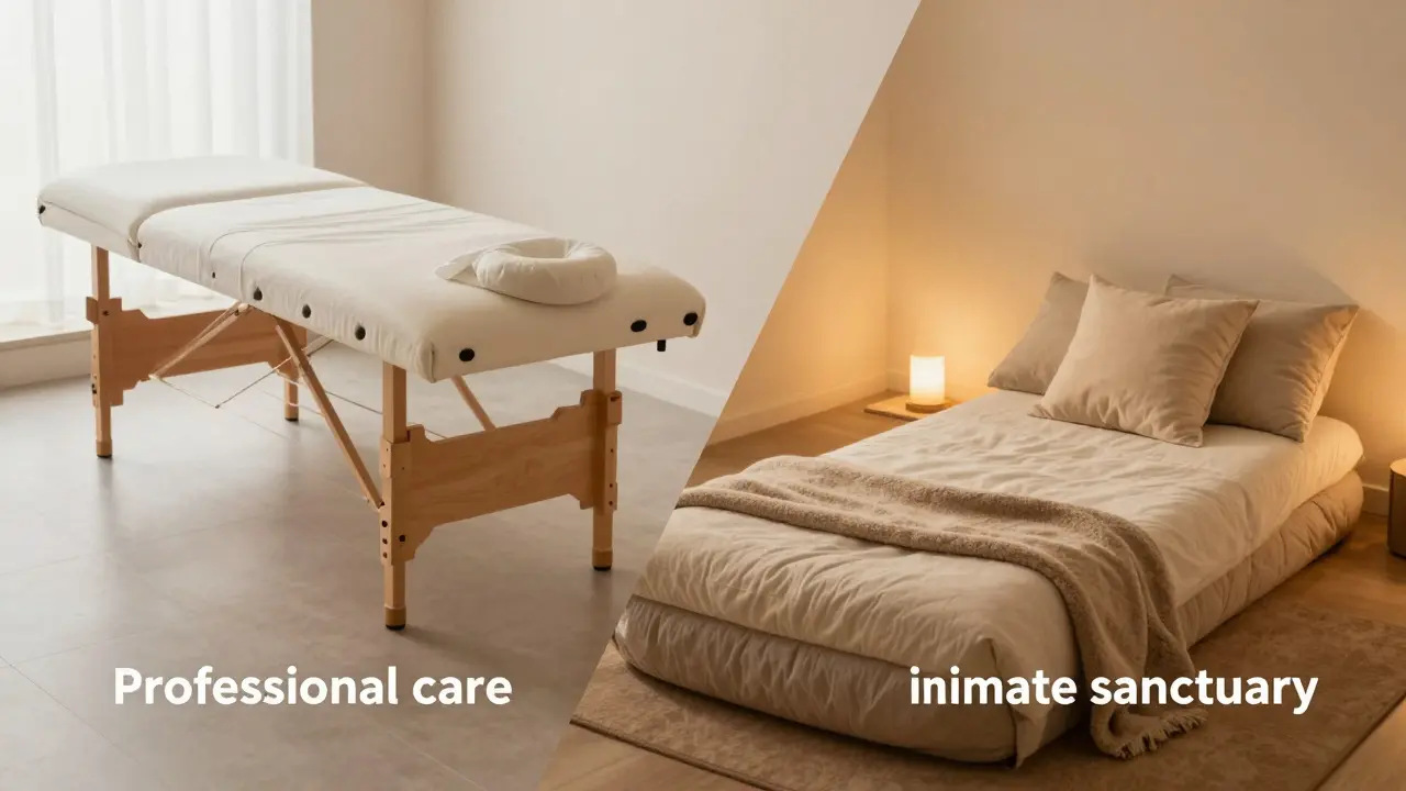 Konceptuální srovnání profesionálního masážního lehátka a útulné matrace na podlaze.