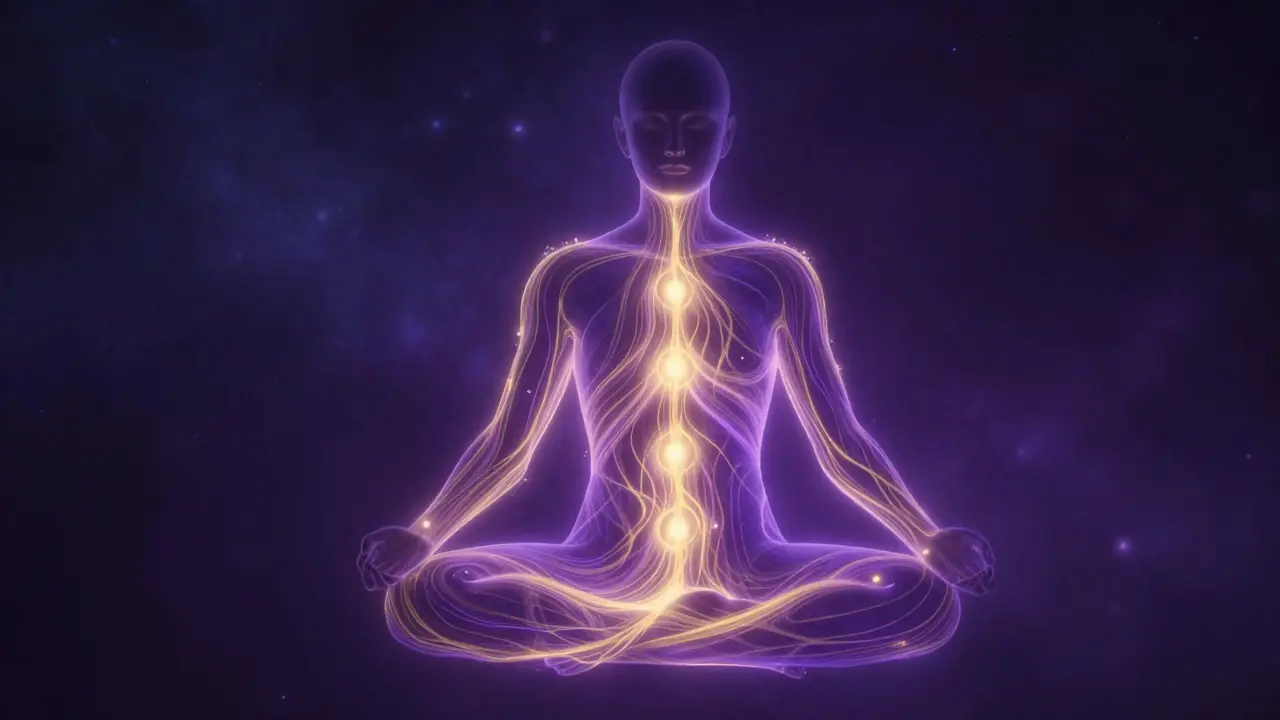 Konceptuální zobrazení energetického proudění v lidském těle.