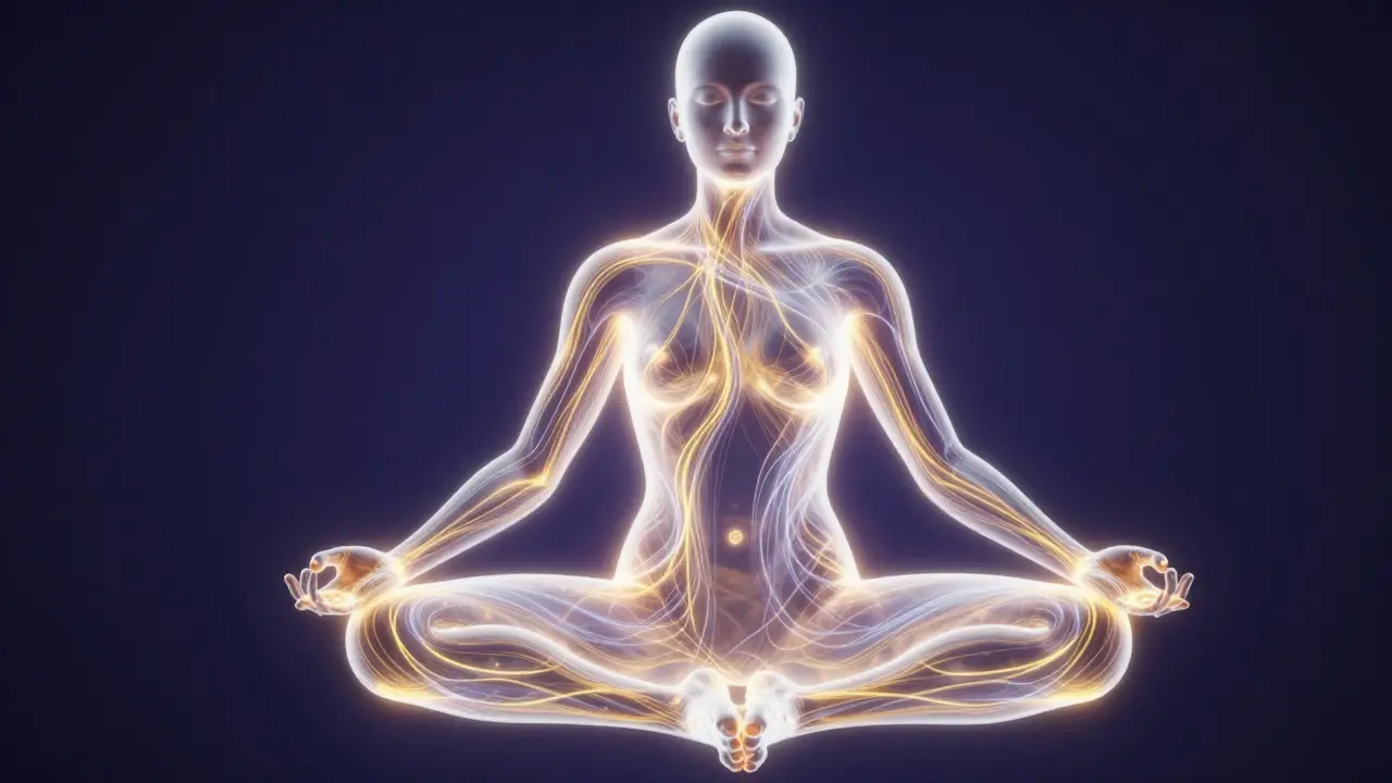 Konceptuální zobrazení zlaté energie proudící celým lidským tělem.