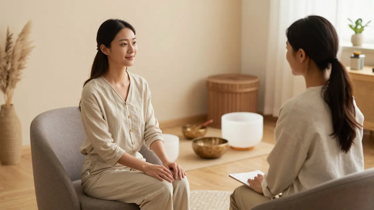 Konzultace mezi certifikovaným terapeutem a klientem v klidném holistickém studiu.