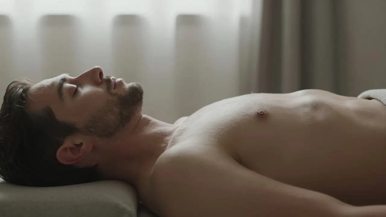 Muž v hlubokém uvolnění a relaxaci, zaměřený na správné dýchání.