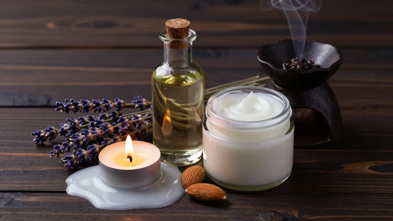 Sada přírodních kokosových a mandlových olejů s zapálenou masážní svíčkou.