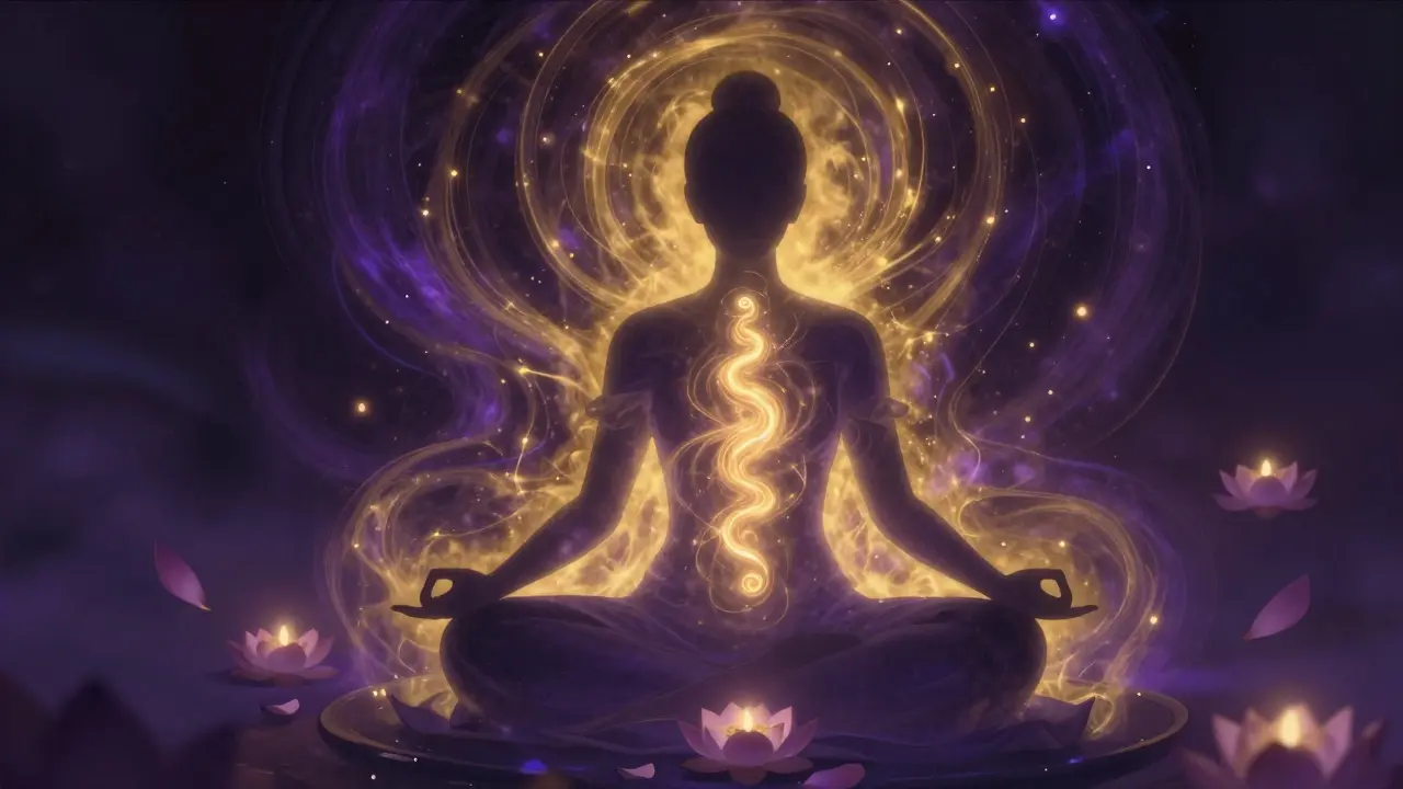 Silueta člověka s proudící zlatou energií a spirálou v páteři.