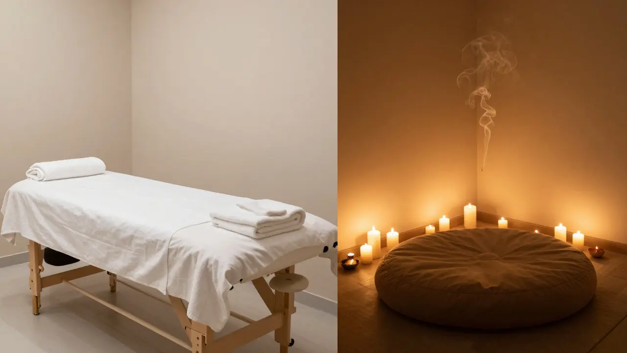 Srovnání sterilního klinického prostoru a útulného rituálního prostoru svícemi.