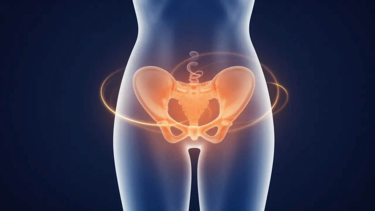 Stylizovaná silueta s přívodem tepla a energie do oblasti pánve.