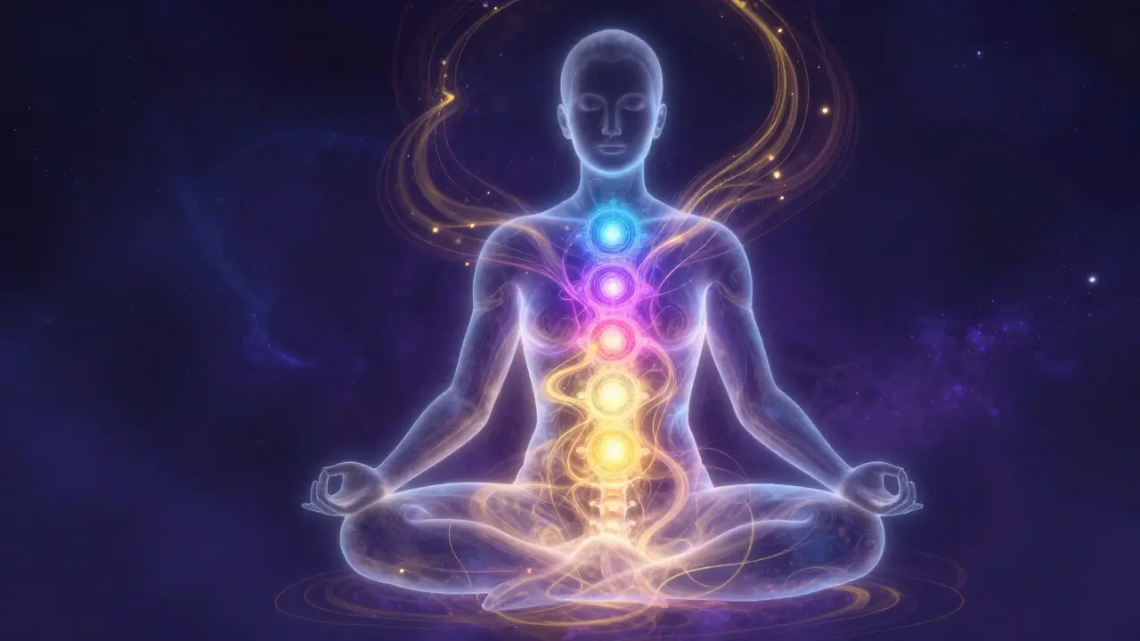 Umělecká ilustrace lidské siluety s vyrovnanými čakrami a proudem energie.