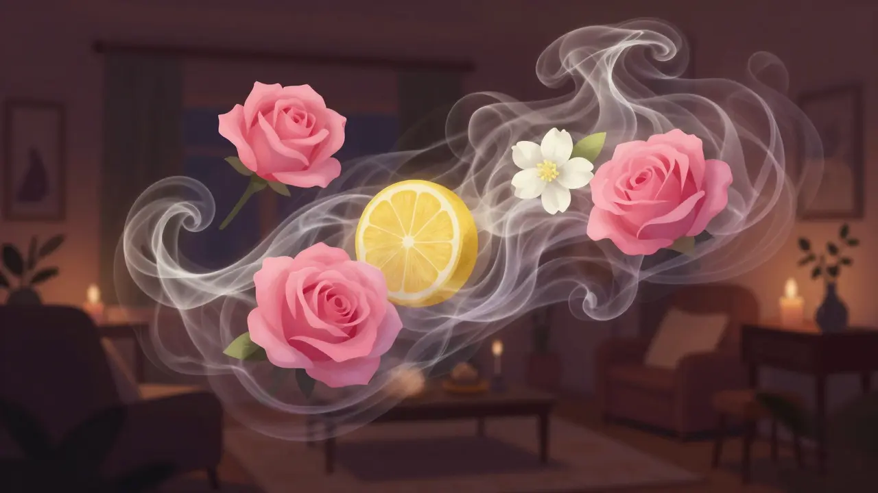 Abstraktní vizualizace vůní plujících romantickou místností