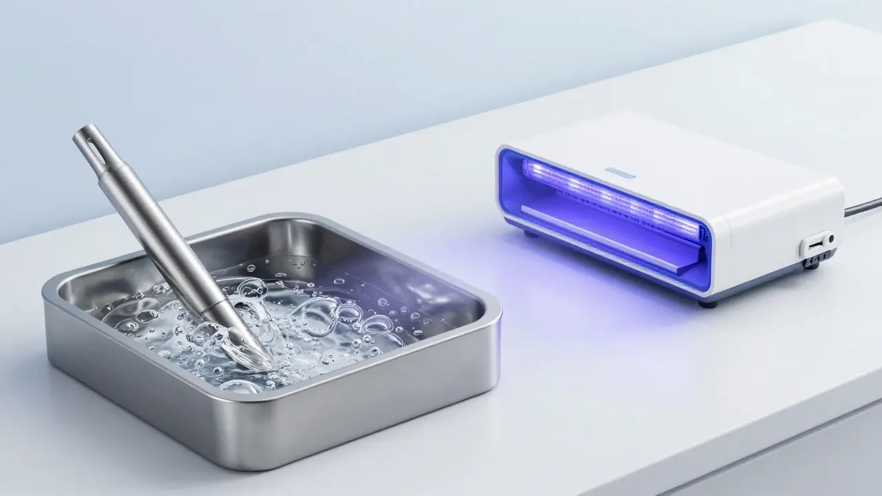 Koncept sterilizace: vaření kovu a UV-C záření pro elektroniku