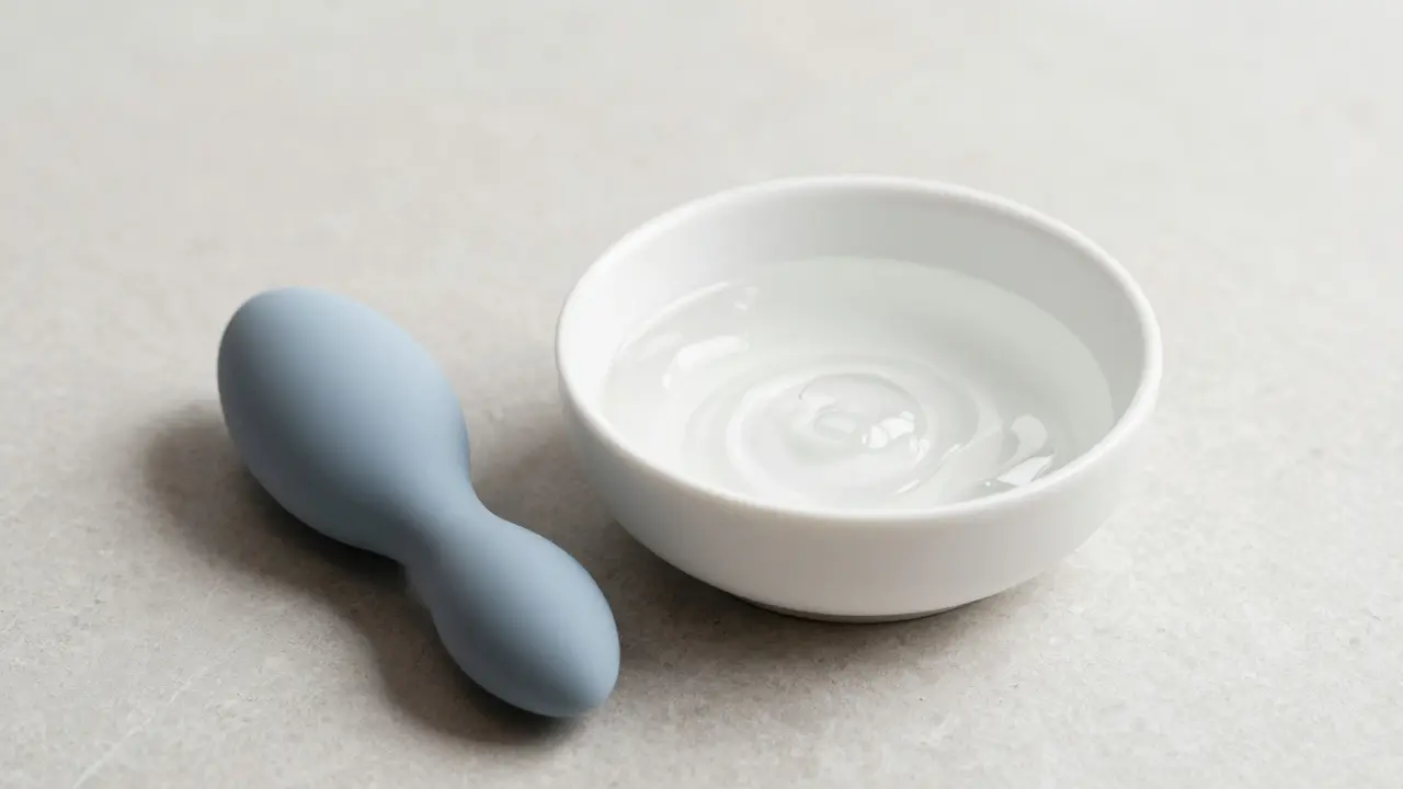 Lubrikační gel a silikonová pomůcka na masáž prostaty na čistém povrchu