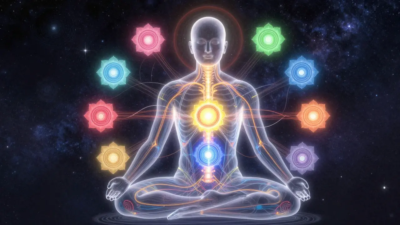 Vizuální znázornění čaker a energetických kanálů v lidském těle při meditaci.
