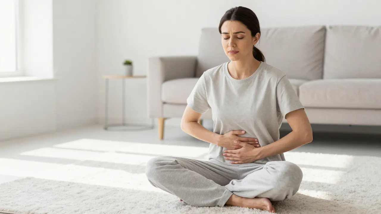 Žena v meditaci s rukama na břiše, vyjadřující emocionální úlevu a bezpečí v jasném prostoru.