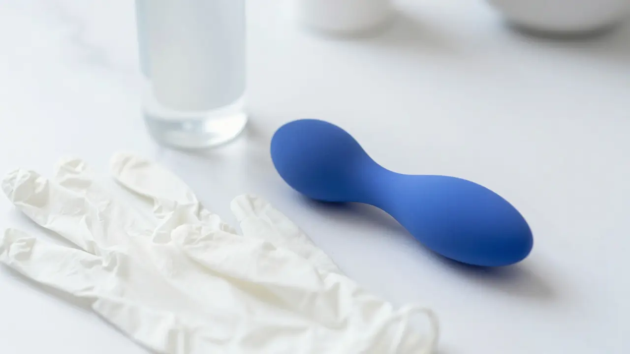 Hygienické přípravky a masážní pomůcka na bílém mramoru pro bezpečnou péči.