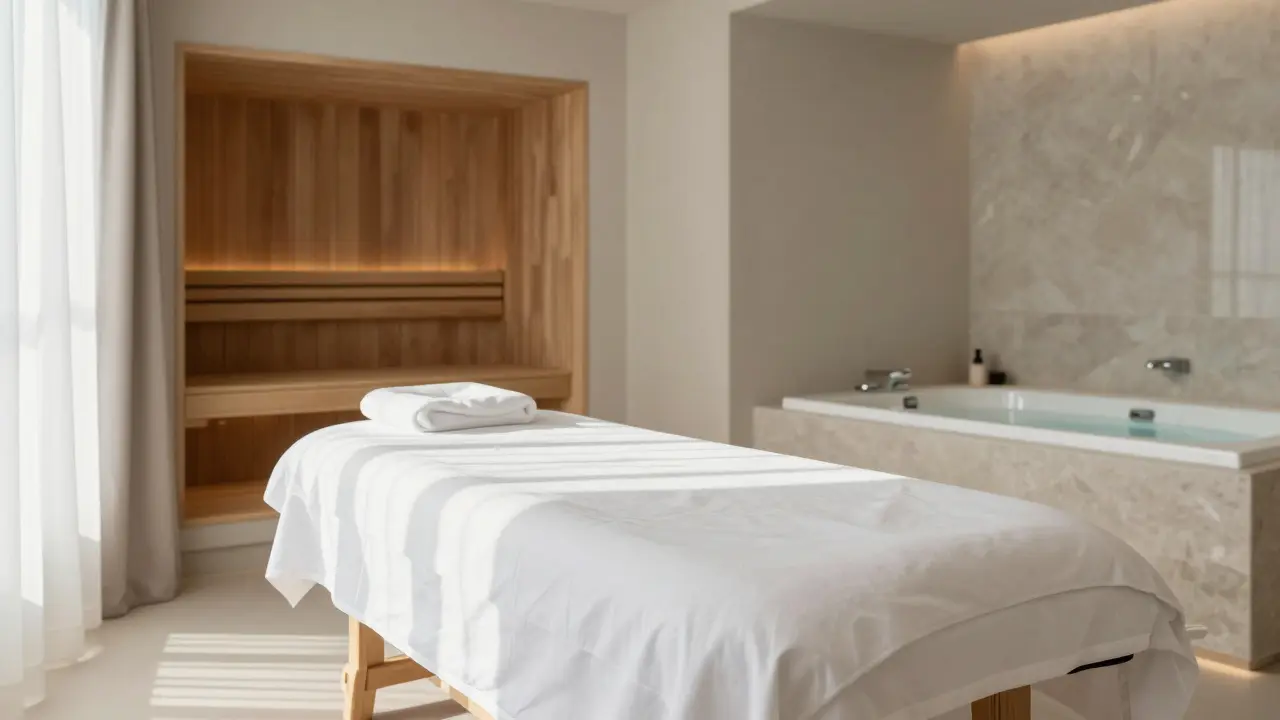 Luxusní a čistý prostor wellness studia s masážním stolem a saunou