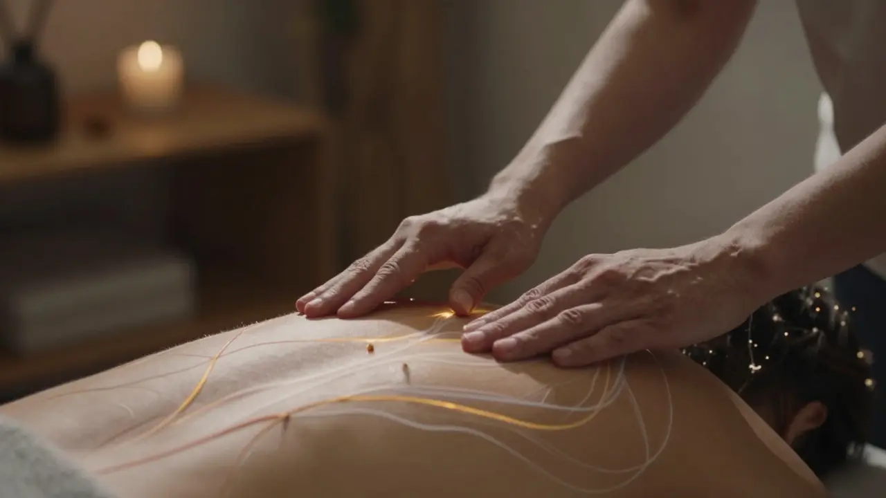 Ruce terapeuta vedoucí světelné energetické proudu nad zády klienta