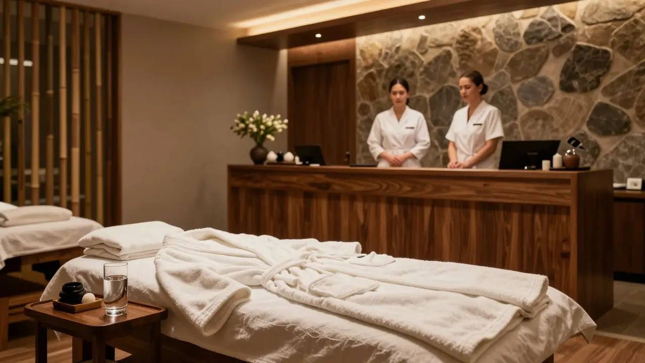 Elegantní interiér wellness centra s připravenými ručníky a profesionální atmosférou.