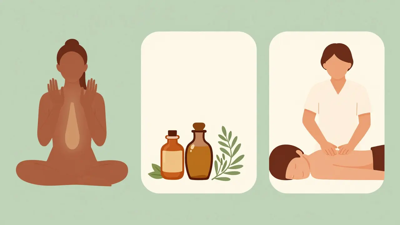 Ilustrace tří stylů masáže: Reiki, Ájurvéda a biodynamická metoda