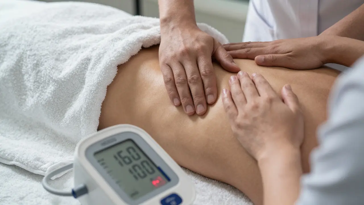 Ruce terapeuta na zádech klienta s rozmazaným tonometrem ukazujícím vysoký tlak.