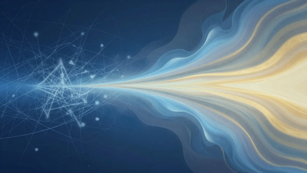 Abstraktní ilustrace přechodu z chaosu stresu do harmonie a energetického klidu
