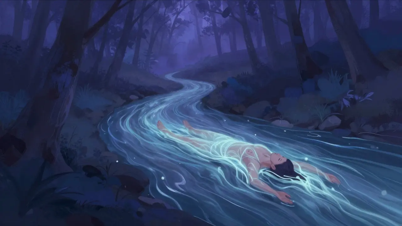 Abstraktní ilustrace proudící vody v lese symbolizující odevzdání a tok energie při meditaci