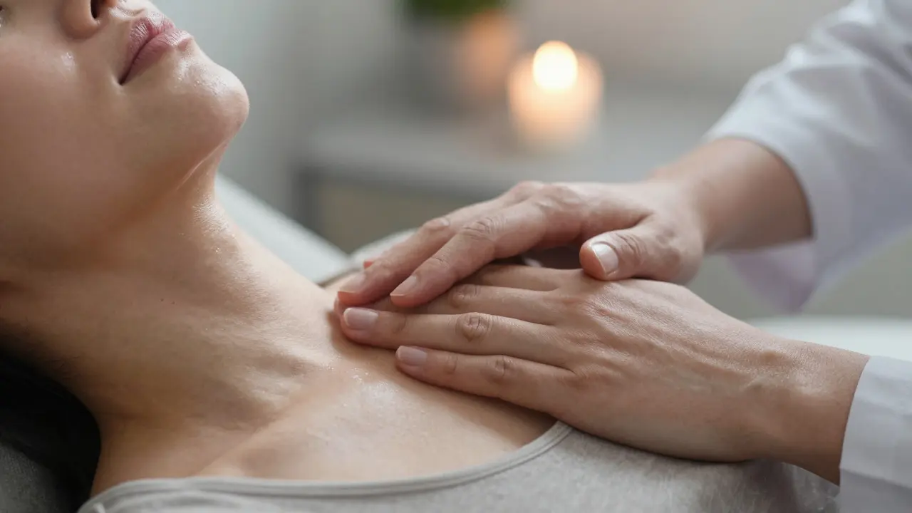 Detail rukou terapeuta na hrudi klienta zachycující hluboké uvolnění a důvěru během sezení