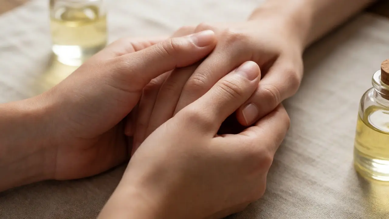 Detail rukou vyjadřující jemnost, péči a intimní spojení v rituálu