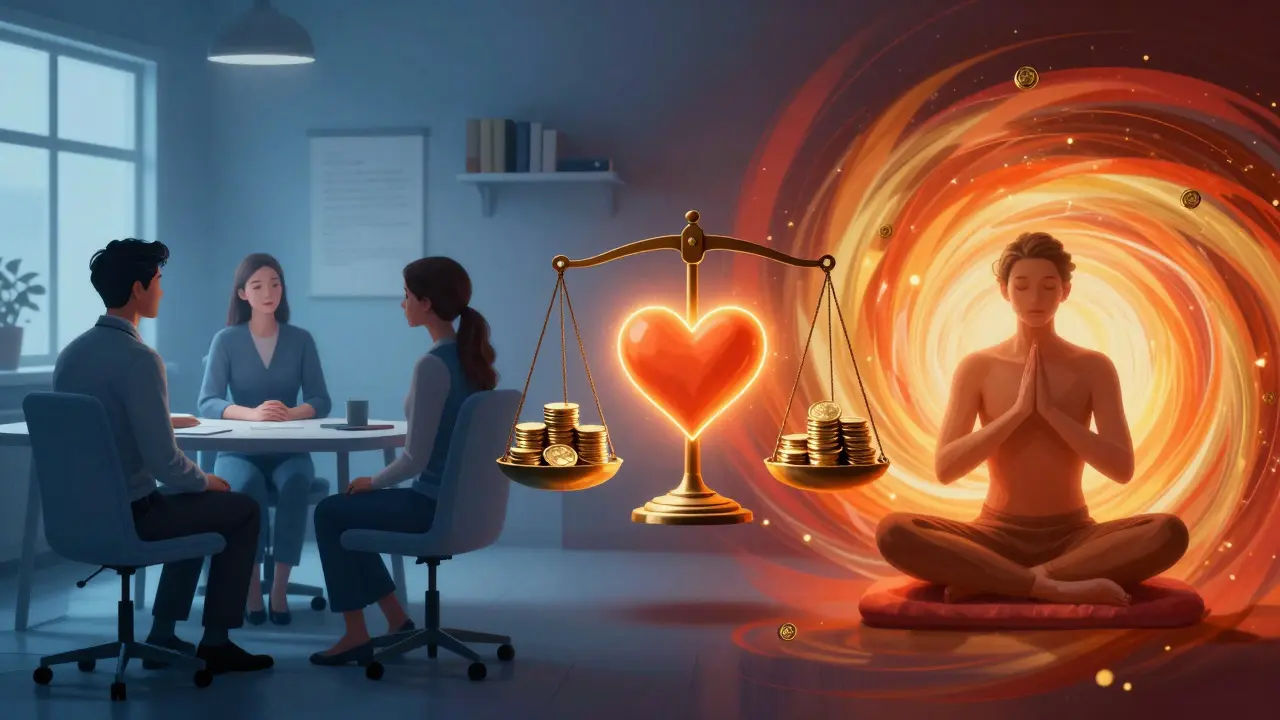 Konceptuální ilustrace porovnání nákladů terapie a tantry s váhami