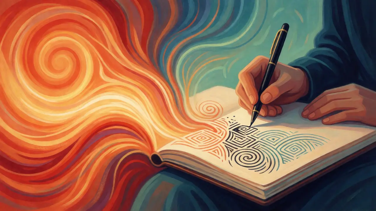 Konceptuální ilustrace přeměny energetických prožitků do strukturovaných zápisů v deníku.