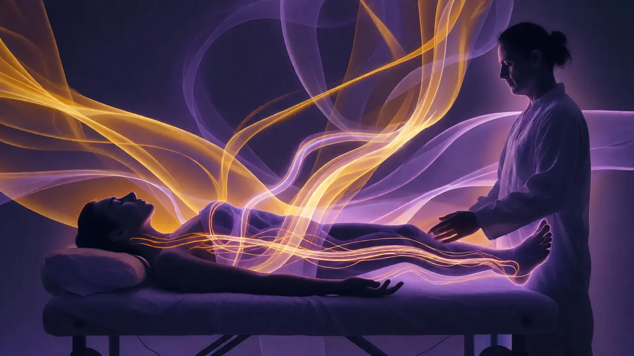 Konceptuální ilustrace toku energie při tantrické masáži se supervizorem.