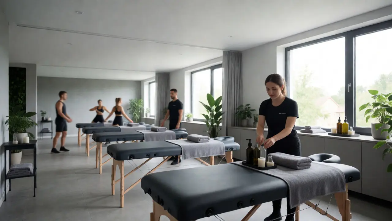 Moderní interiér wellness centra v Brně s připraveným masážním stolem.
