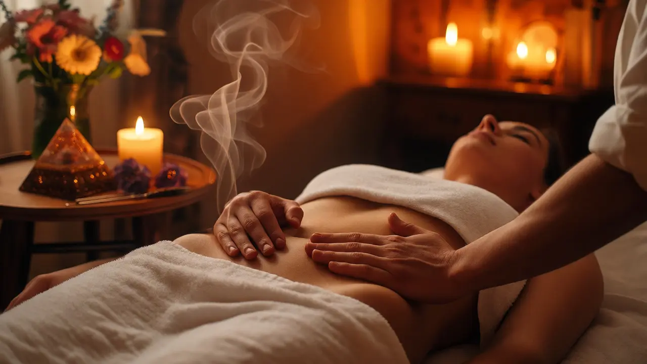 Terapeutické ruce provádějící jemnou masáž podbřišku ve svícené místnosti
