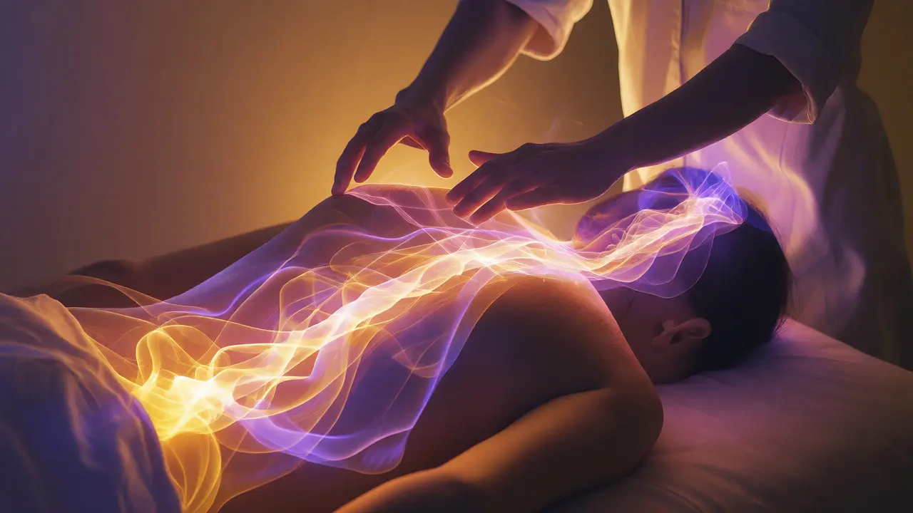 Umělecká vizualizace toku energie tělem při masáži