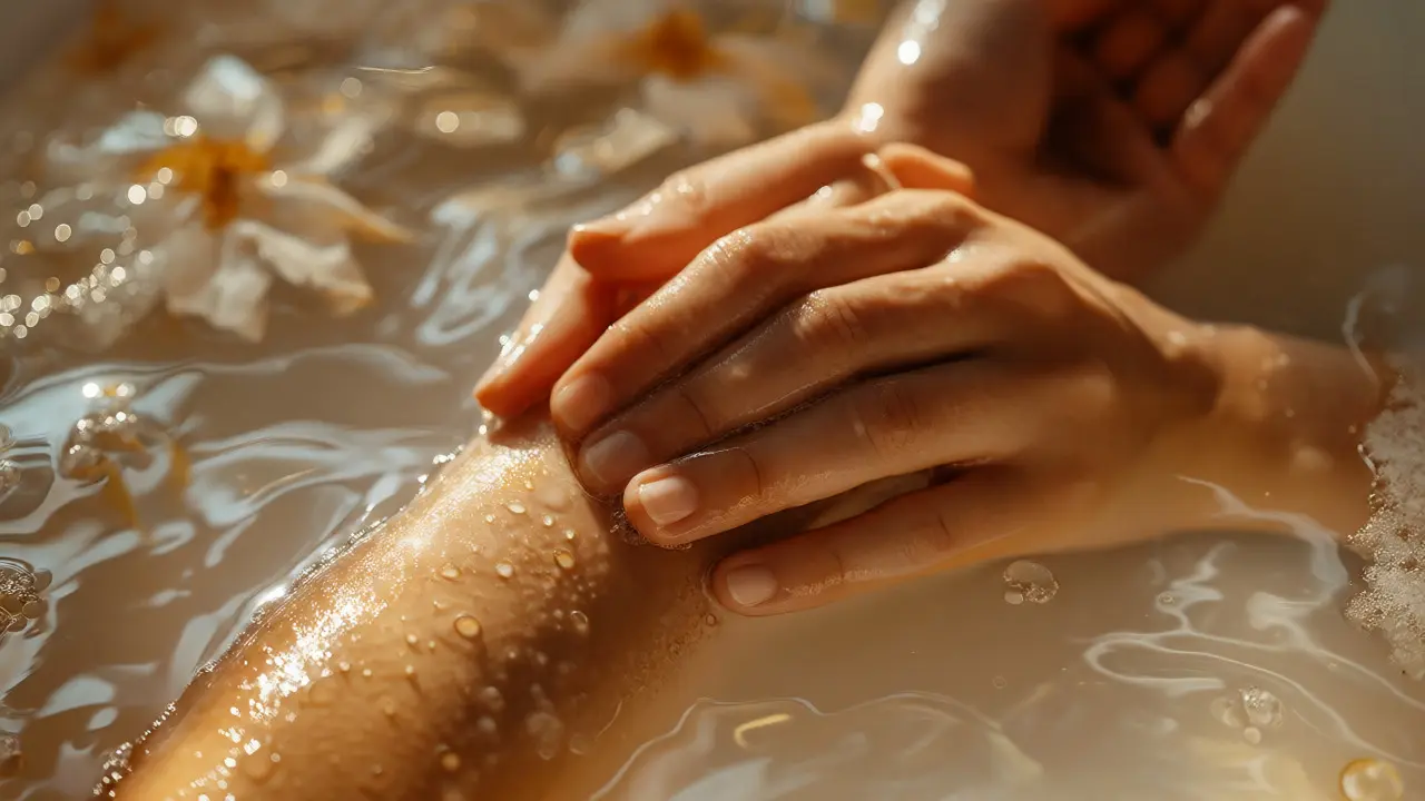 Hands gently massaging arm in oily bathwater highlighting sensory awareness