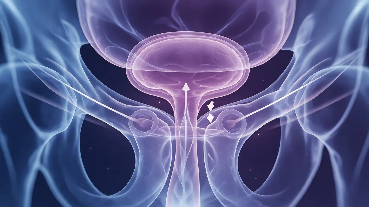 Konceptuální znázornění anatomie prostaty a sfinkterů s důrazem na relaxaci