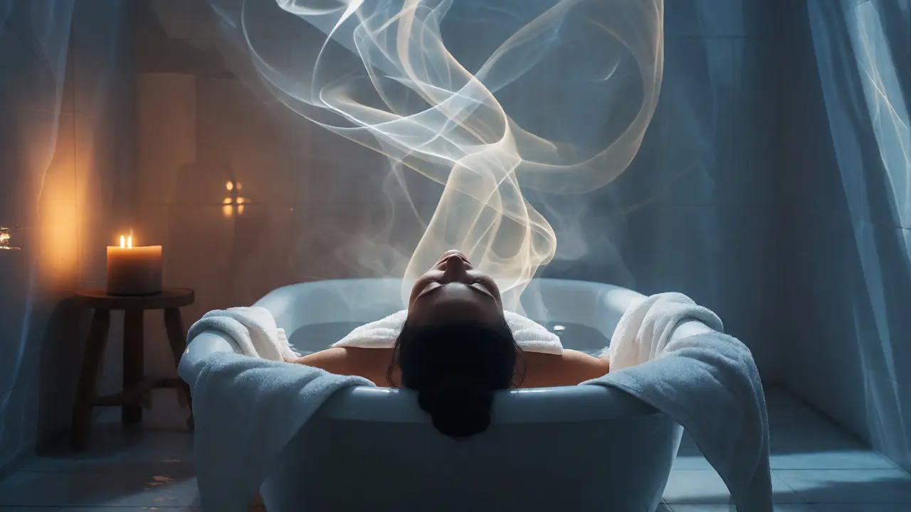 Person relaxing in bathtub with soft candlelight and abstract energy wisps